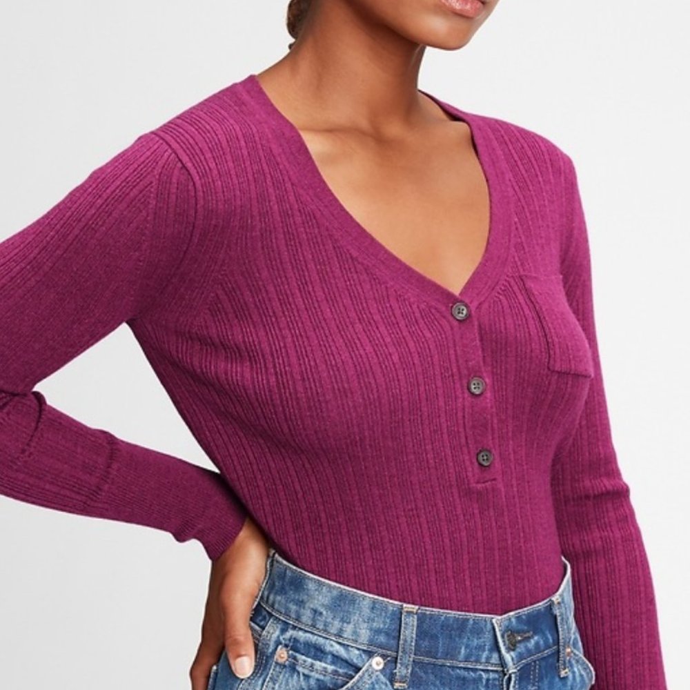 GAP Wool Blend Rib Knit Henley Pocket V-Neck Knit Casual Spring Sweater-XXL